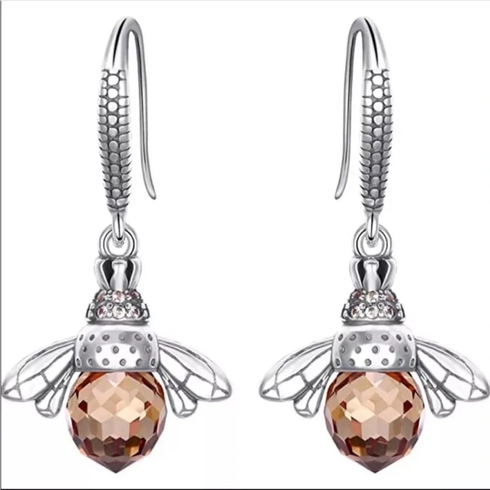 New 925 Silver Stylish Cute Bee Champagne Earrings - Picture 1 of 4